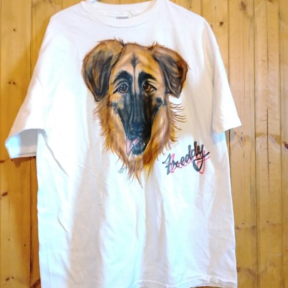 Men's White XXL Vintage Airbrush Painted Dog Puppy T-Shirt 90s - Picture 2 of 4